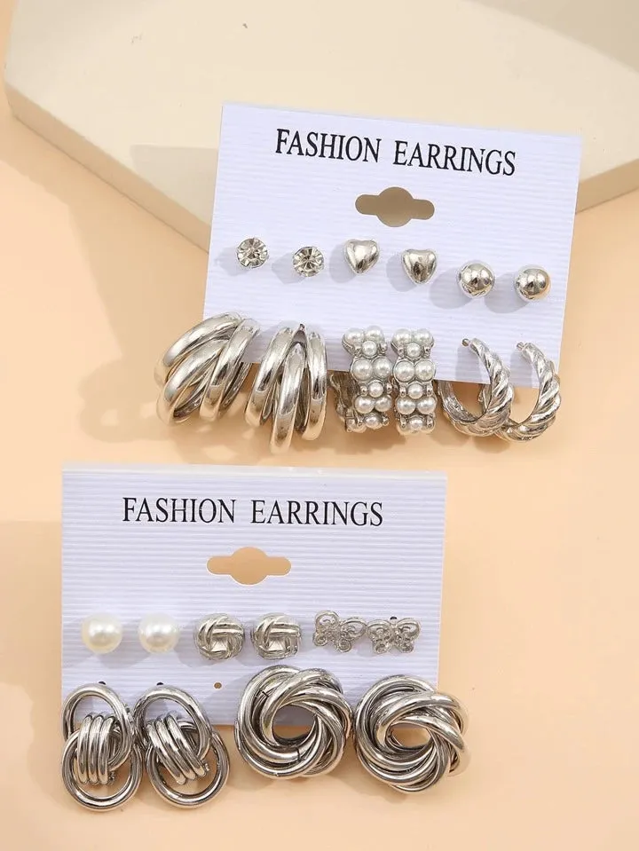 11pairs rhinestones & faux pearl decor earrings in silver