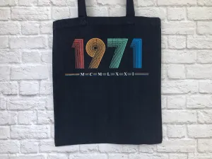 1971 Tote Bag, 51st Birthday Gift Reusable Shopping Carrier in Retro & Vintage 70s style, MCMLXXI Fiftieth Bday Bag For Men or Women