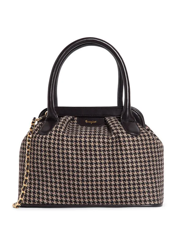 Berrylush Women Brown Houndstooth Printed Two-Handle Detachable Strap Embellished Handheld Bag