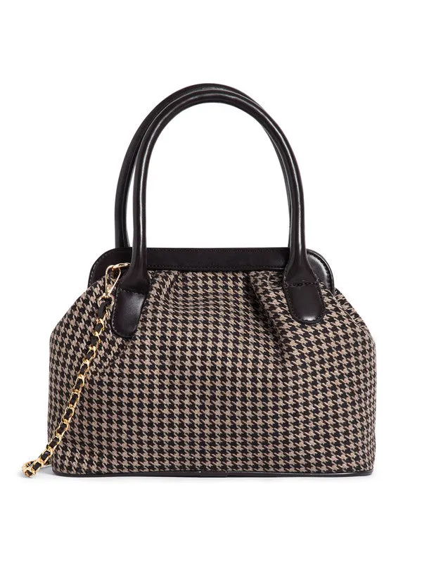 Berrylush Women Brown Houndstooth Printed Two-Handle Detachable Strap Embellished Handheld Bag