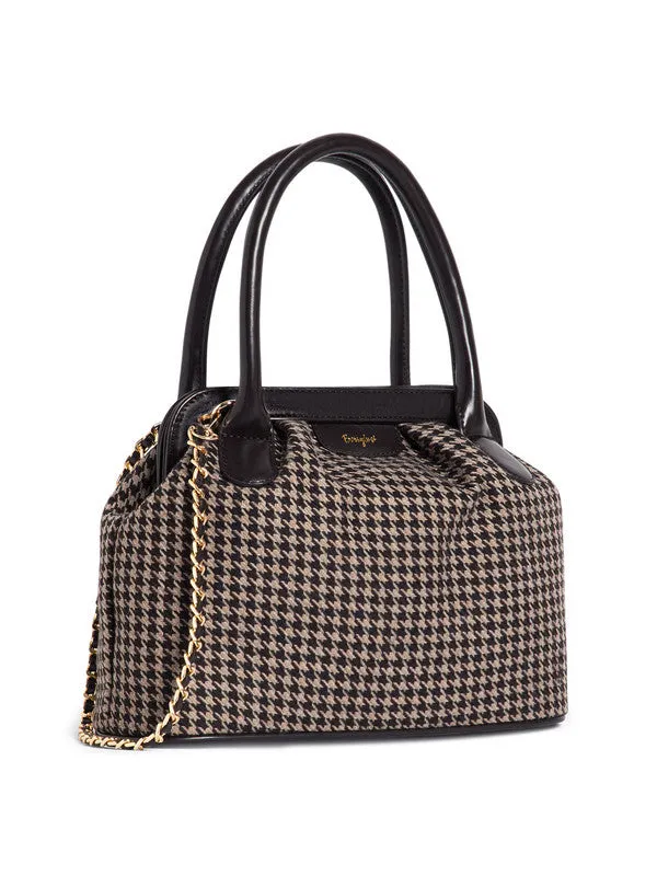 Berrylush Women Brown Houndstooth Printed Two-Handle Detachable Strap Embellished Handheld Bag