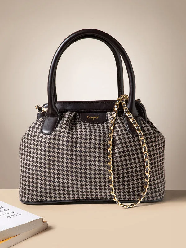 Berrylush Women Brown Houndstooth Printed Two-Handle Detachable Strap Embellished Handheld Bag