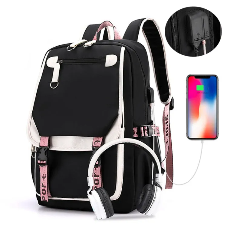 Casual Outdoor Traveling Backpack Schoolbag Simple Multi-Layer Computer Double Shoulder Bag(Black With White)