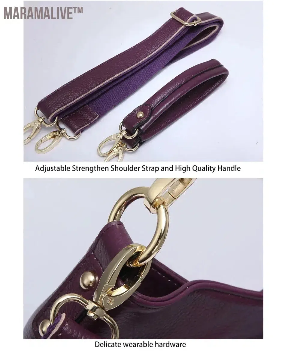 Charm Purple Women Shoulder Bag 100% Genuine Leather Hobos Fashion Lady Messenger Crossbody Purse Elegant Female Handbag