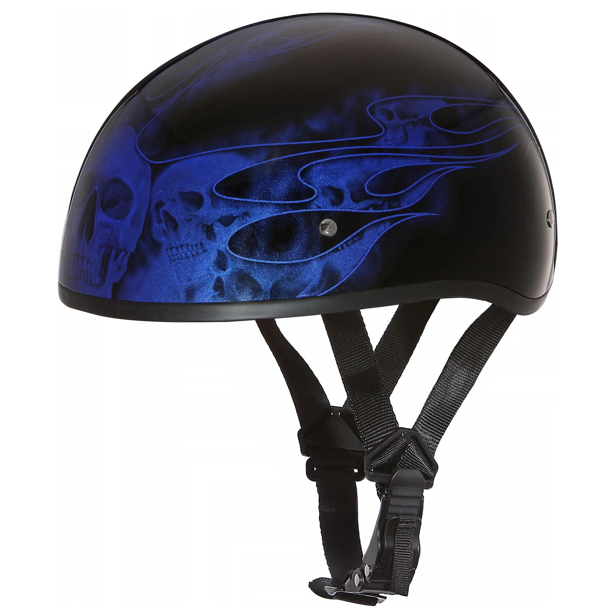 Close Out Clearance Daytona Helmets D6-SFB ‘Skull Cap’ with Blue Skull Flames Half Face Helmet