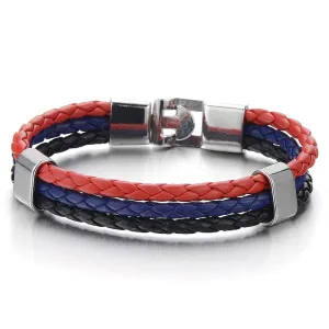 Colorful Black Red Blue Three Strand Rows Braided Leather Bracelet for Man for Women