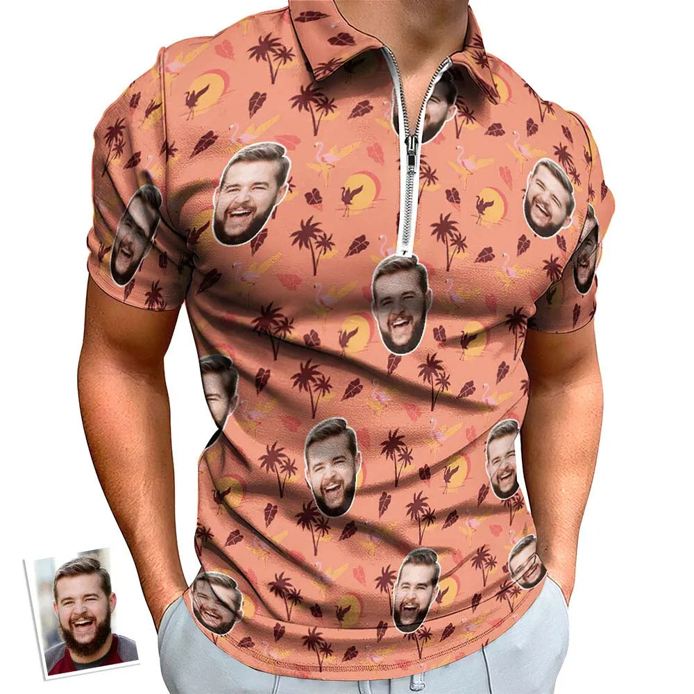 Custom Flamingo Tropical Sunset Men's Polo Shirt Personalised Face Funny Polo Shirt with Zipper