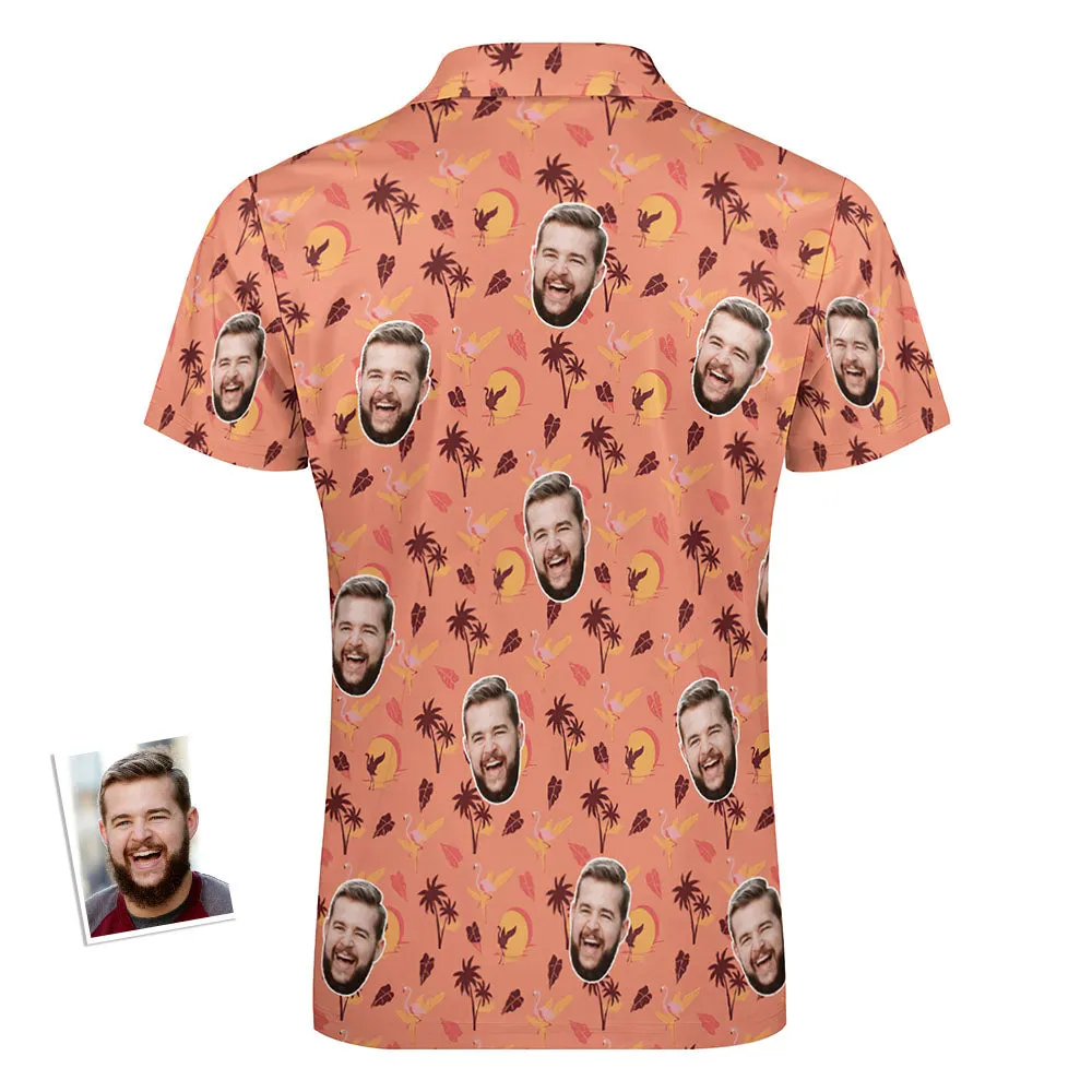 Custom Flamingo Tropical Sunset Men's Polo Shirt Personalised Face Funny Polo Shirt with Zipper