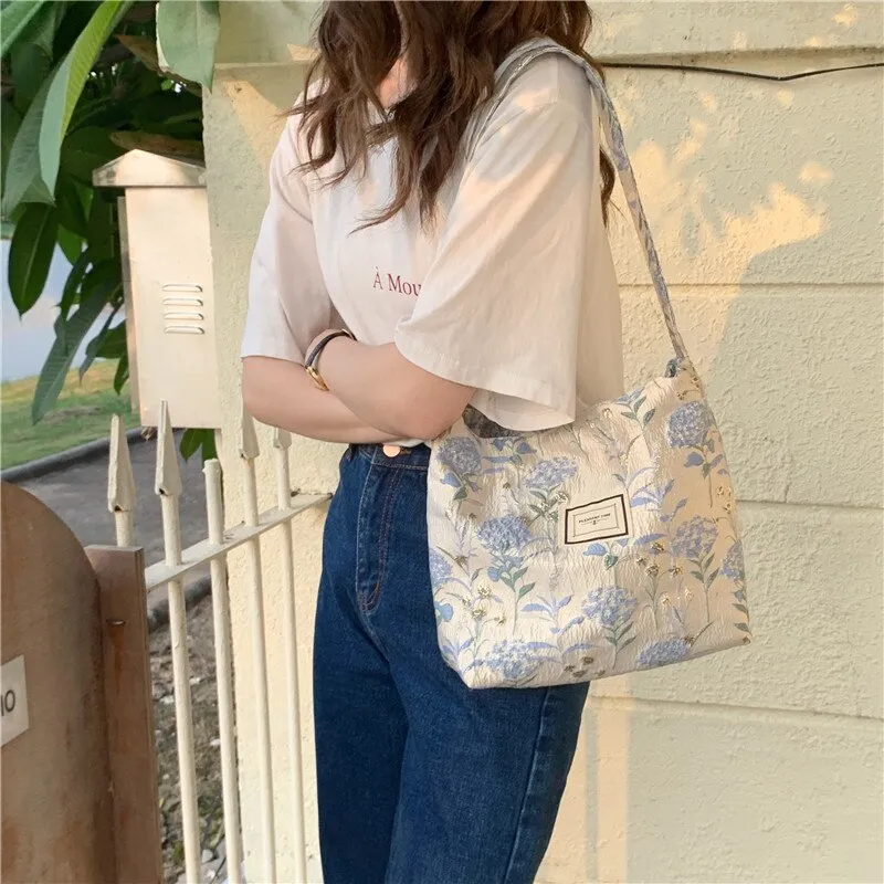 Darianrojas Women's Bag Cheap Casual Large Capacity Shoulder Bags Shopper Canvas Fashion Harajuku Zipper Flower Print Ulzzang Handbags