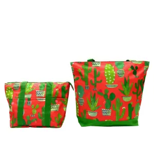 Empire Cove 2 Piece Gift Set Cactus Large Tote Bag Insulated Lunch Bag Cooler