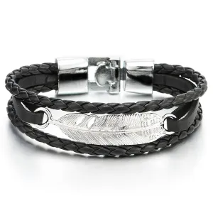 Feather Black Braided Leather Bracelet for Men Women Three-Row Leather Wristband