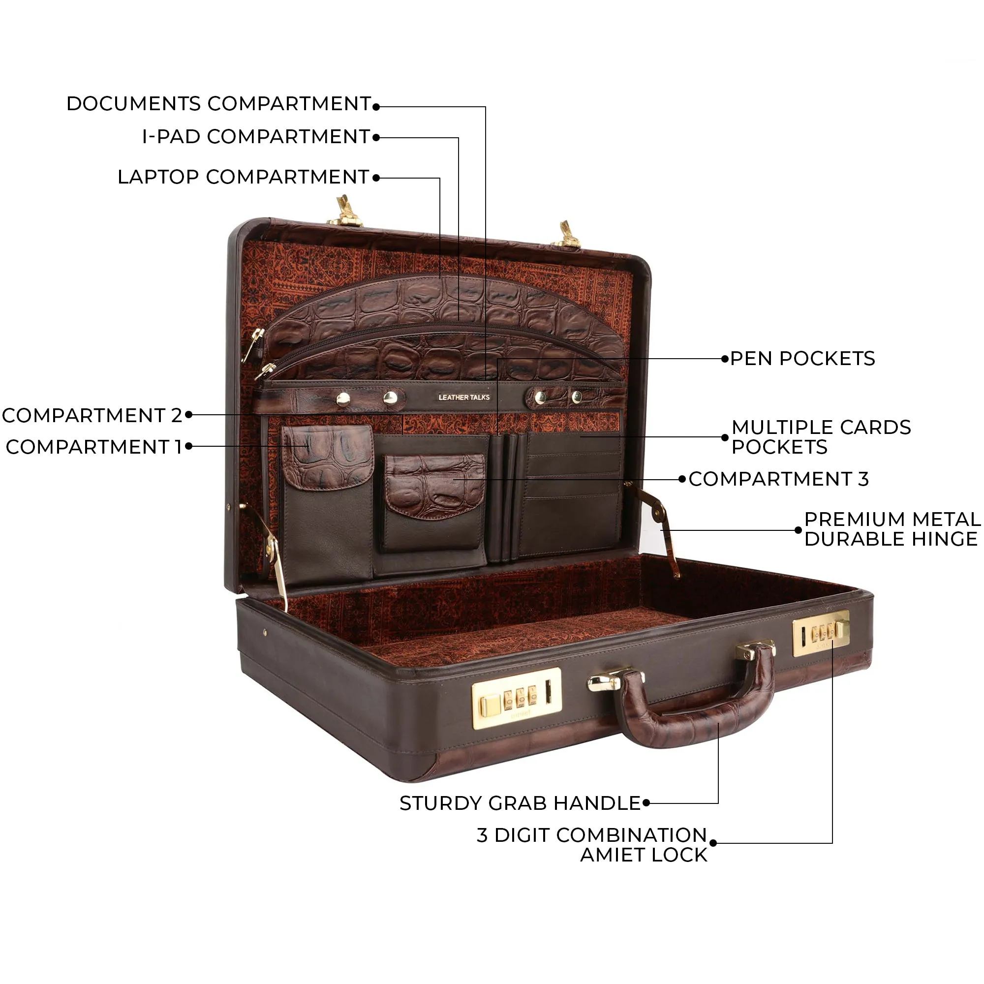 Great Dane Ruvido Double Lock- Genuine Leather Attaché | Briefcase | Advocate Briefcase | Security Briefcase | Color: Brown