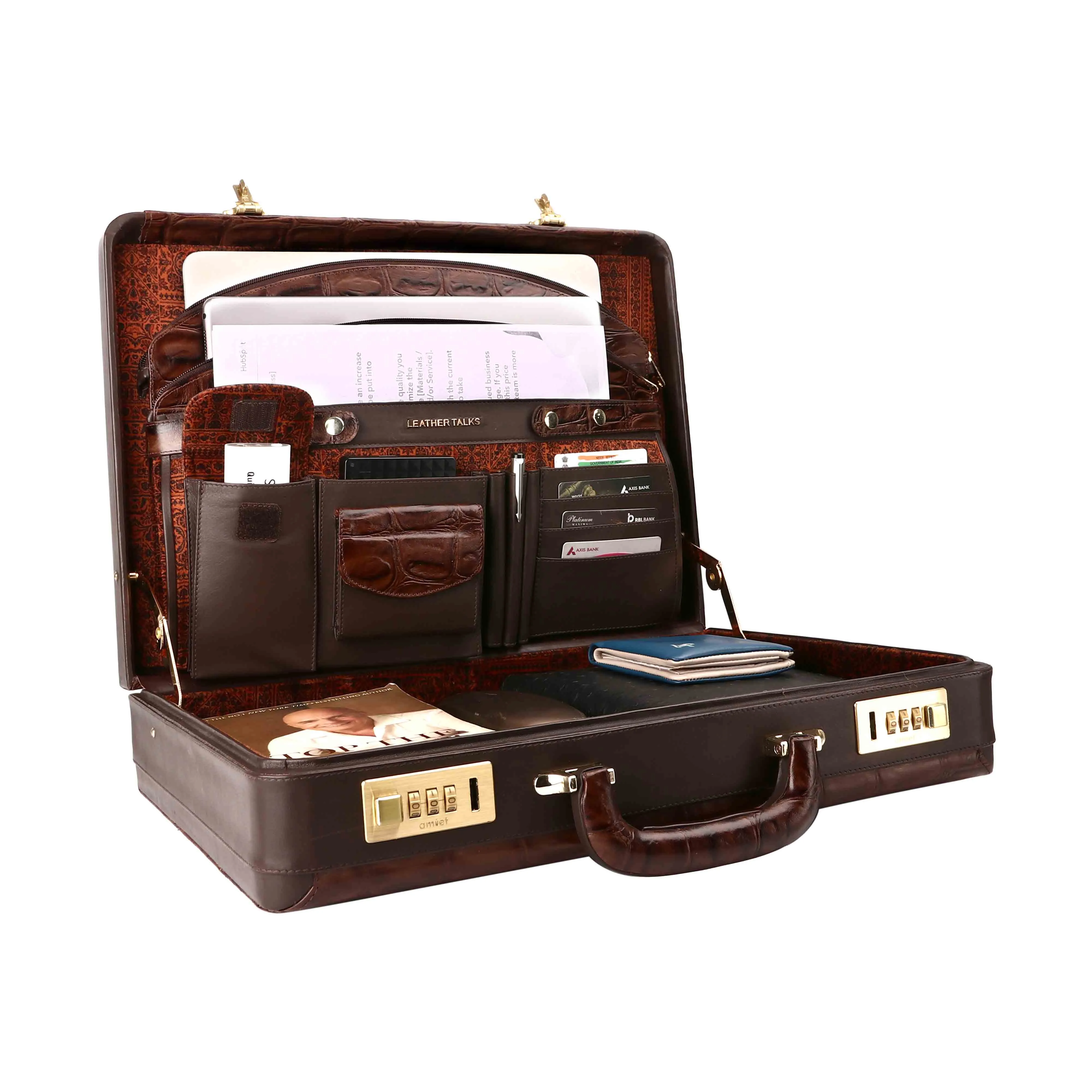 Great Dane Ruvido Double Lock- Genuine Leather Attaché | Briefcase | Advocate Briefcase | Security Briefcase | Color: Brown