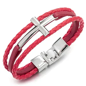 Horizontal Sideway Lateral Cross Red Braided Leather Bangle Wristband Bracelet, Three-Row