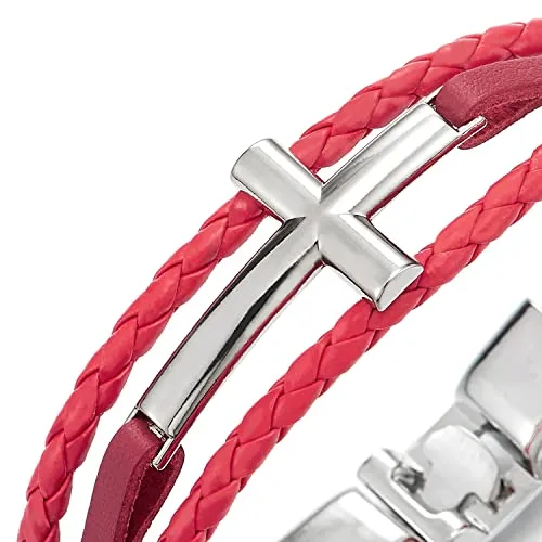 Horizontal Sideway Lateral Cross Red Braided Leather Bangle Wristband Bracelet, Three-Row