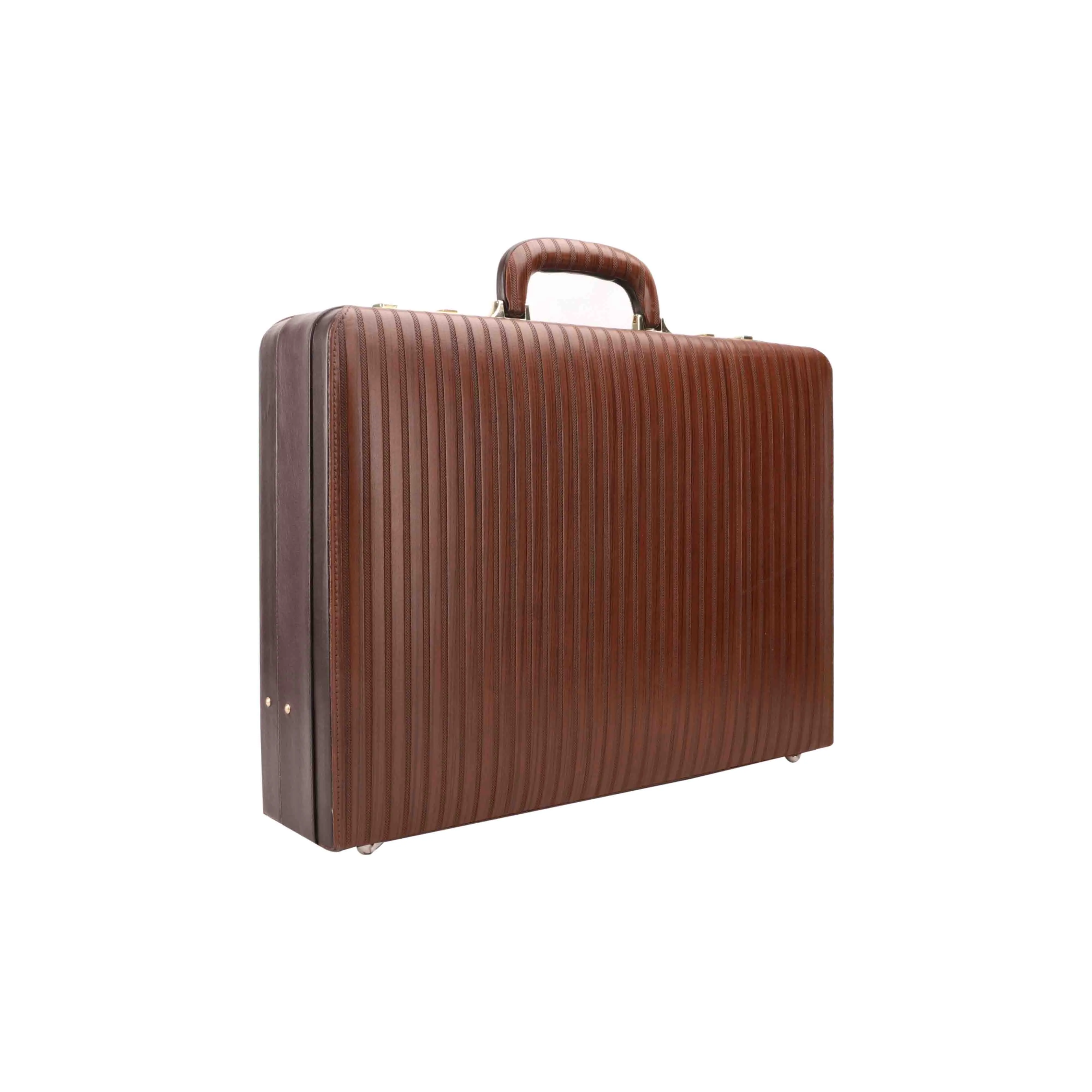 Italian VT Stripe Ruvido - Double Lock Leather Attache Briefcase | Lifetime Service Warranty | Brown