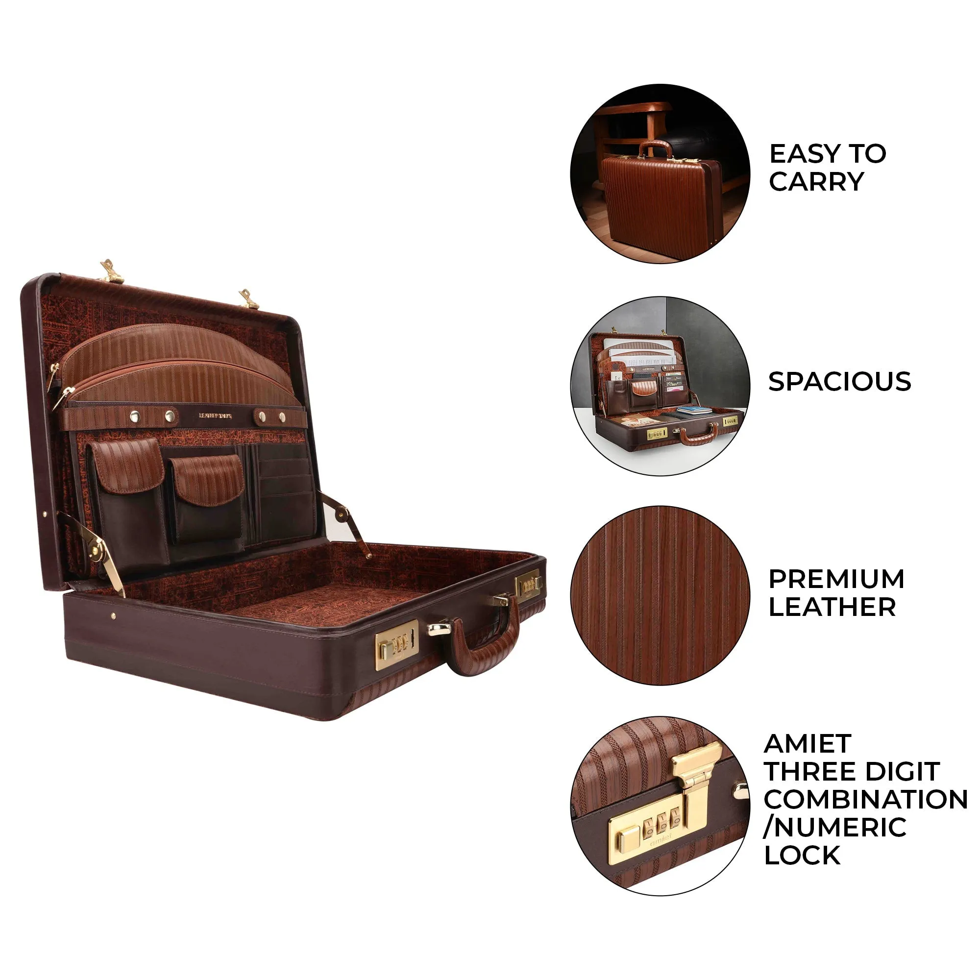 Italian VT Stripe Ruvido - Double Lock Leather Attache Briefcase | Lifetime Service Warranty | Brown