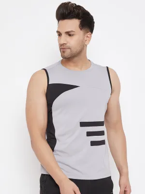 JUMP USA Men Grey & Black Striped Active Wear T-shirt