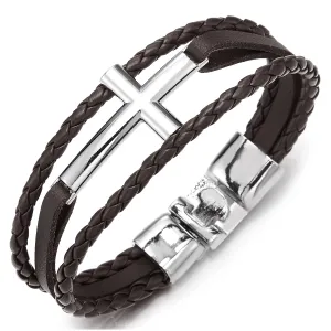 Men Women Horizontal Sideway Lateral Cross Brown Braided Leather Bangle Wristband Bracelet Three-Row