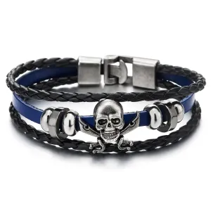 Mens Women Sword Pirate Skull Blue Braided Leather Bracelet Multi-Strand Leather Wristband Bracelet