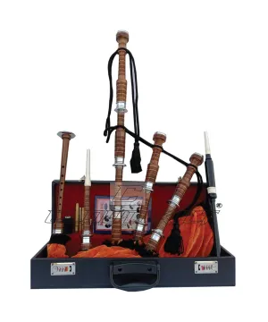 Orange Velvet Bagpipe Set Brown & Silver Finish With Hard Case