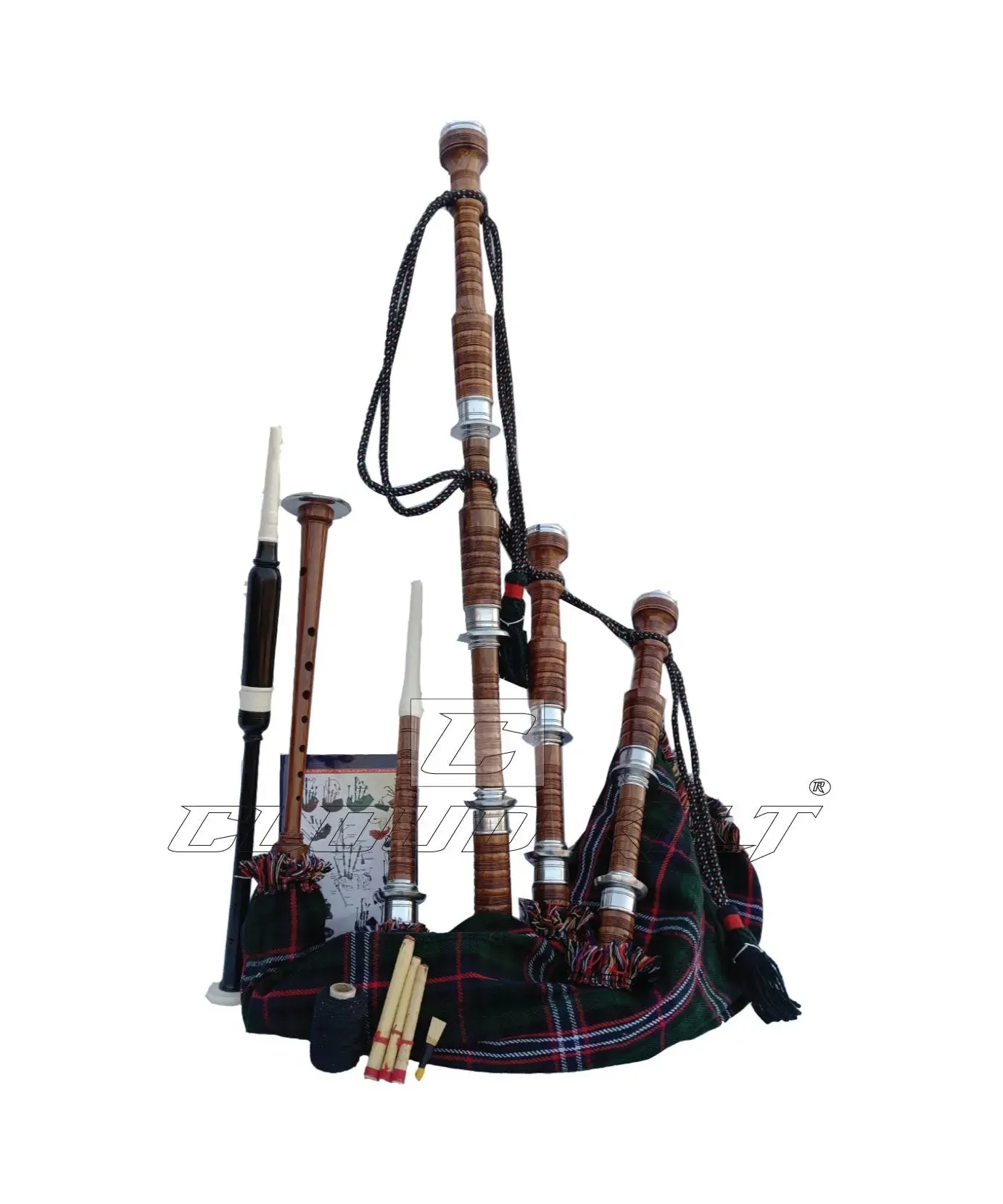 Scottish National Tartan Bagpipe Set Brown & Silver Finish With Hard Case