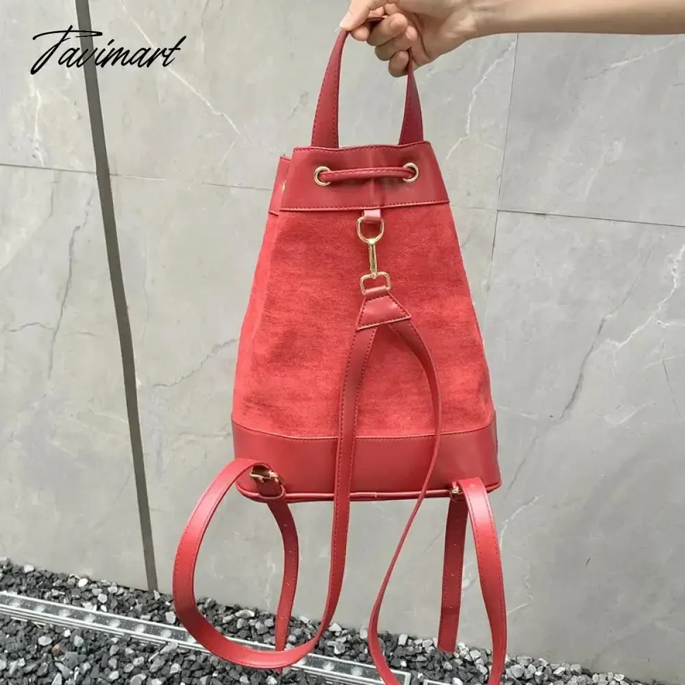 Tavimart Korean Casual Backpacks For Women Luxury Designer Handbags Purses New In PU Vintage Faux Suede Drawstring Closure Shoulder