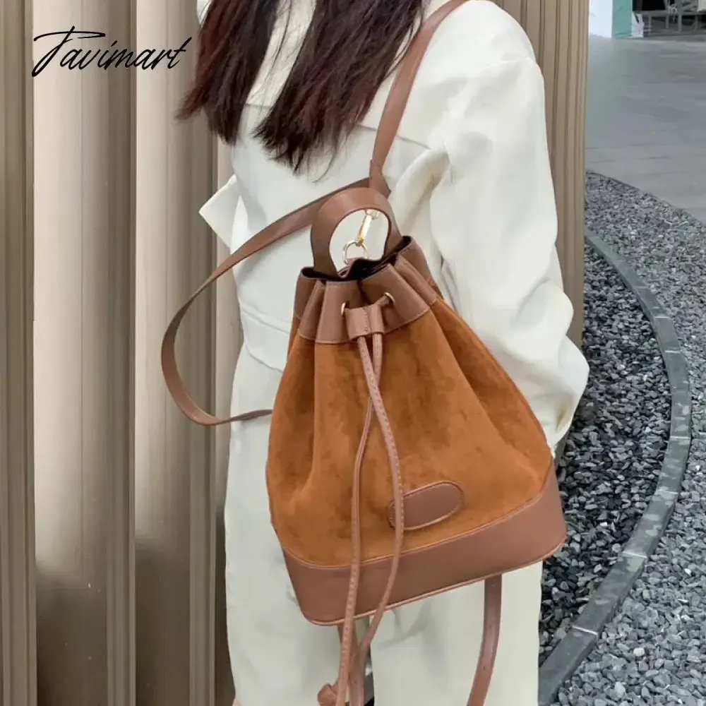 Tavimart Korean Casual Backpacks For Women Luxury Designer Handbags Purses New In PU Vintage Faux Suede Drawstring Closure Shoulder