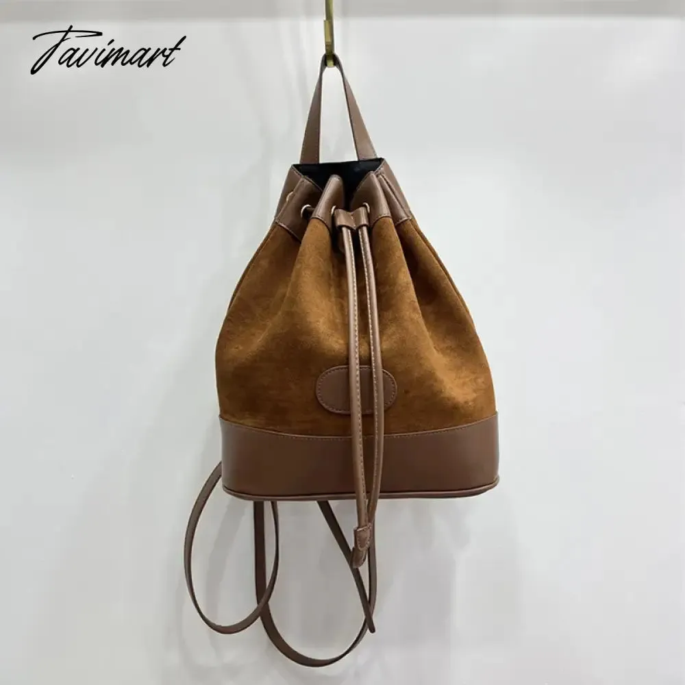 Tavimart Korean Casual Backpacks For Women Luxury Designer Handbags Purses New In PU Vintage Faux Suede Drawstring Closure Shoulder