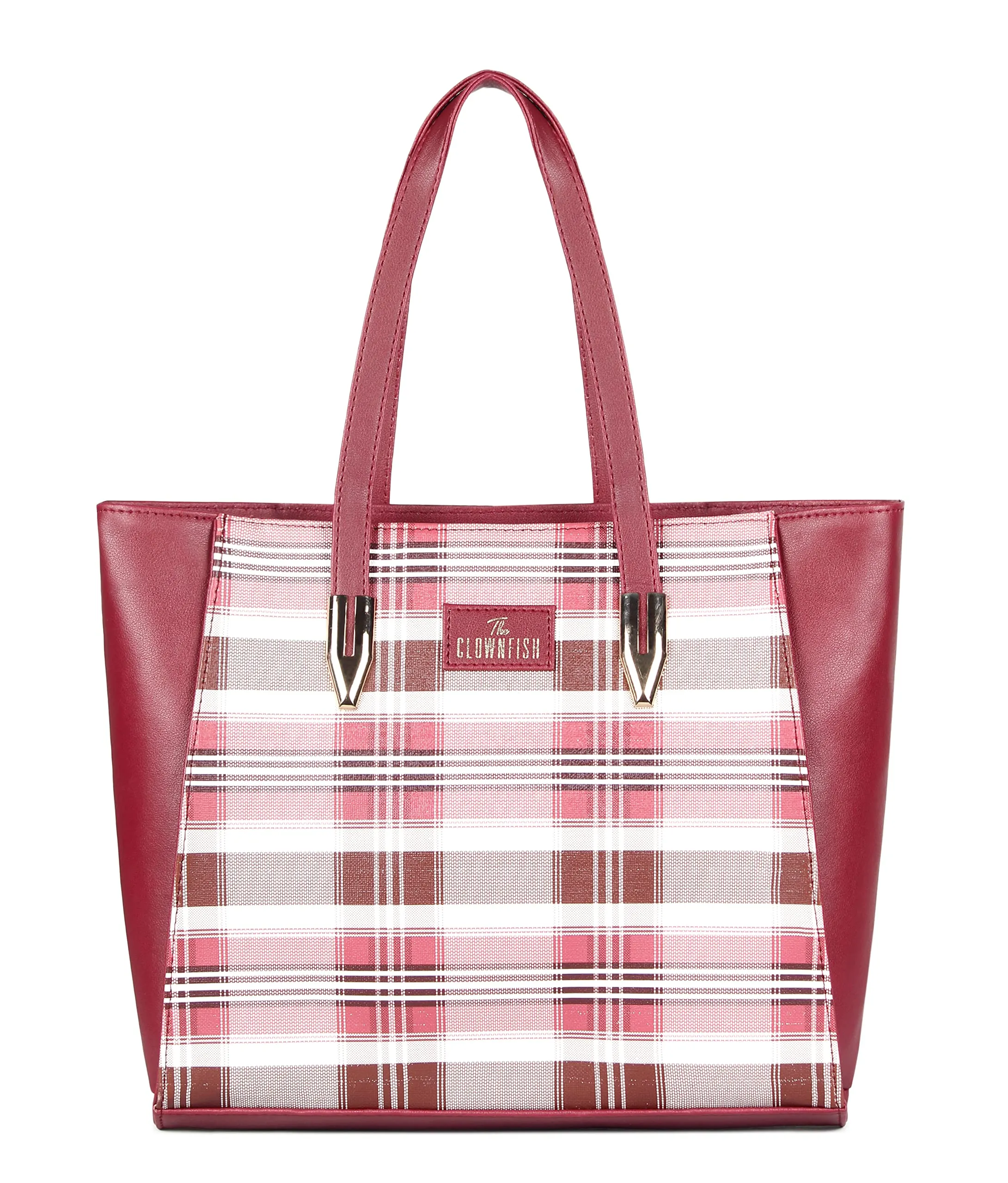 THE CLOWNFISH Agnes Handbag for Women Office Bag Ladies Shoulder Bag Tote For Women College Girls-Checks Design (Maroon)