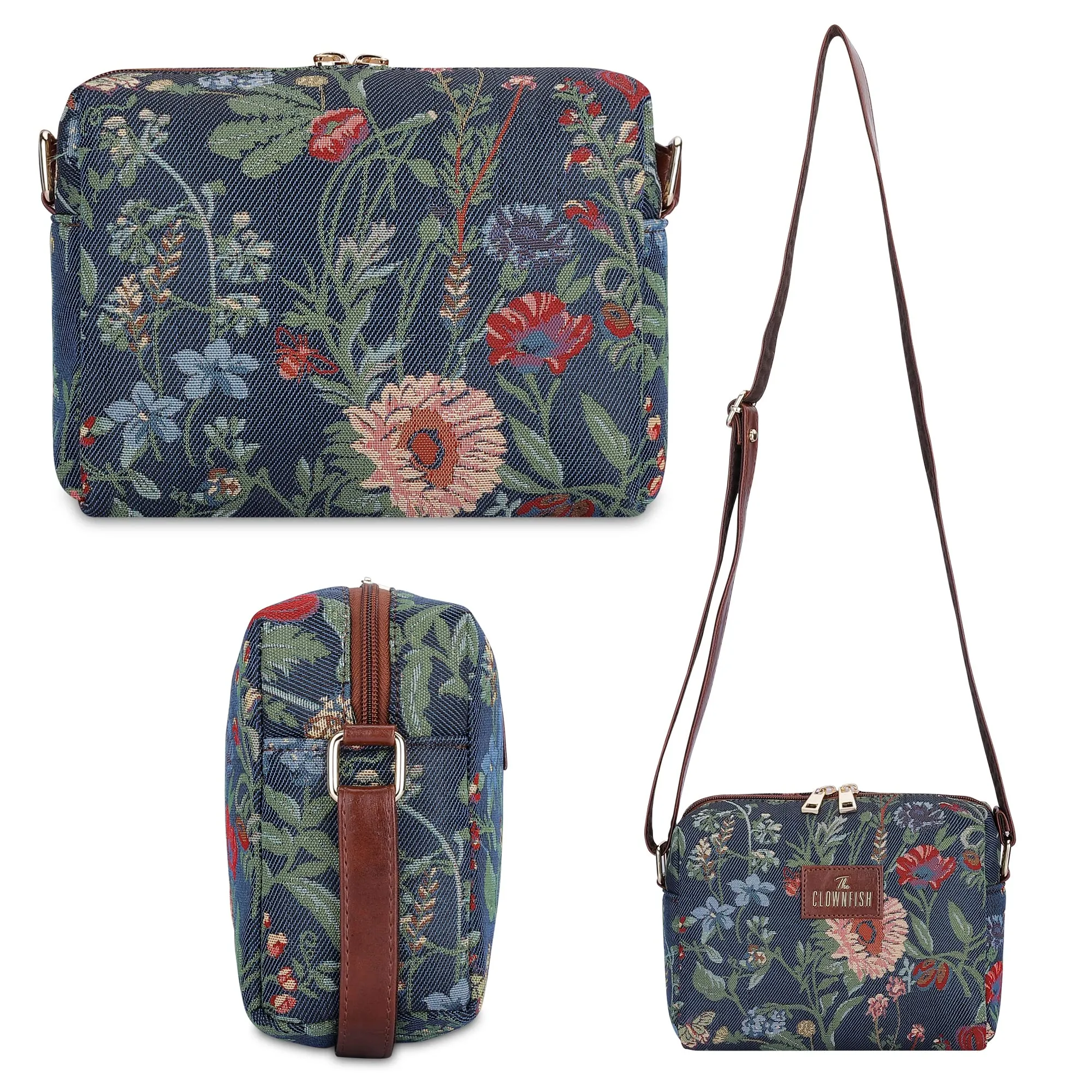 THE CLOWNFISH Combo Of Adelina Series Sling for Women Crossbody Bag for College Girls Lorna Tapestry Fabric & Faux Leather Handbag Sling Bag for Women (Navy Blue-Floral)