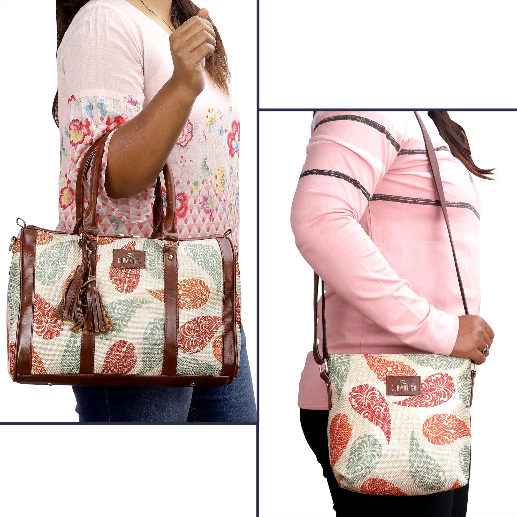 THE CLOWNFISH Combo Of Lorna Printed Handicraft Fabric & Faux Leather Handbag Sling Bag for Women & Aahna Printed Handicraft Fabric Crossbody Sling bag for Women (Cream-Leaf Print)