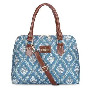 THE CLOWNFISH Montana Series Printed Handicraft Fabric & Faux leather Handbag for Women Office Bag Ladies Purse Shoulder Bag Tote For Women College Girls (Blue)