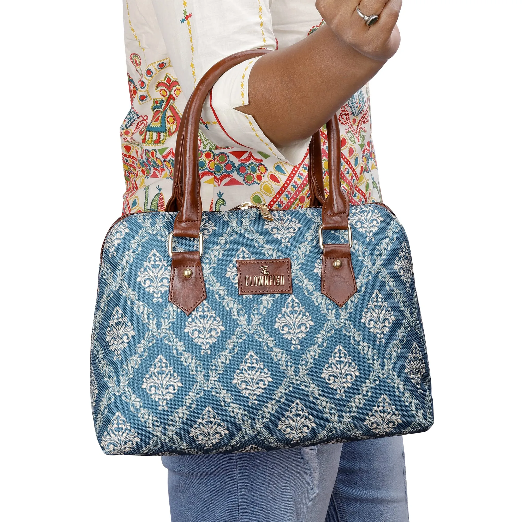 THE CLOWNFISH Montana Series Printed Handicraft Fabric & Faux leather Handbag for Women Office Bag Ladies Purse Shoulder Bag Tote For Women College Girls (Blue)