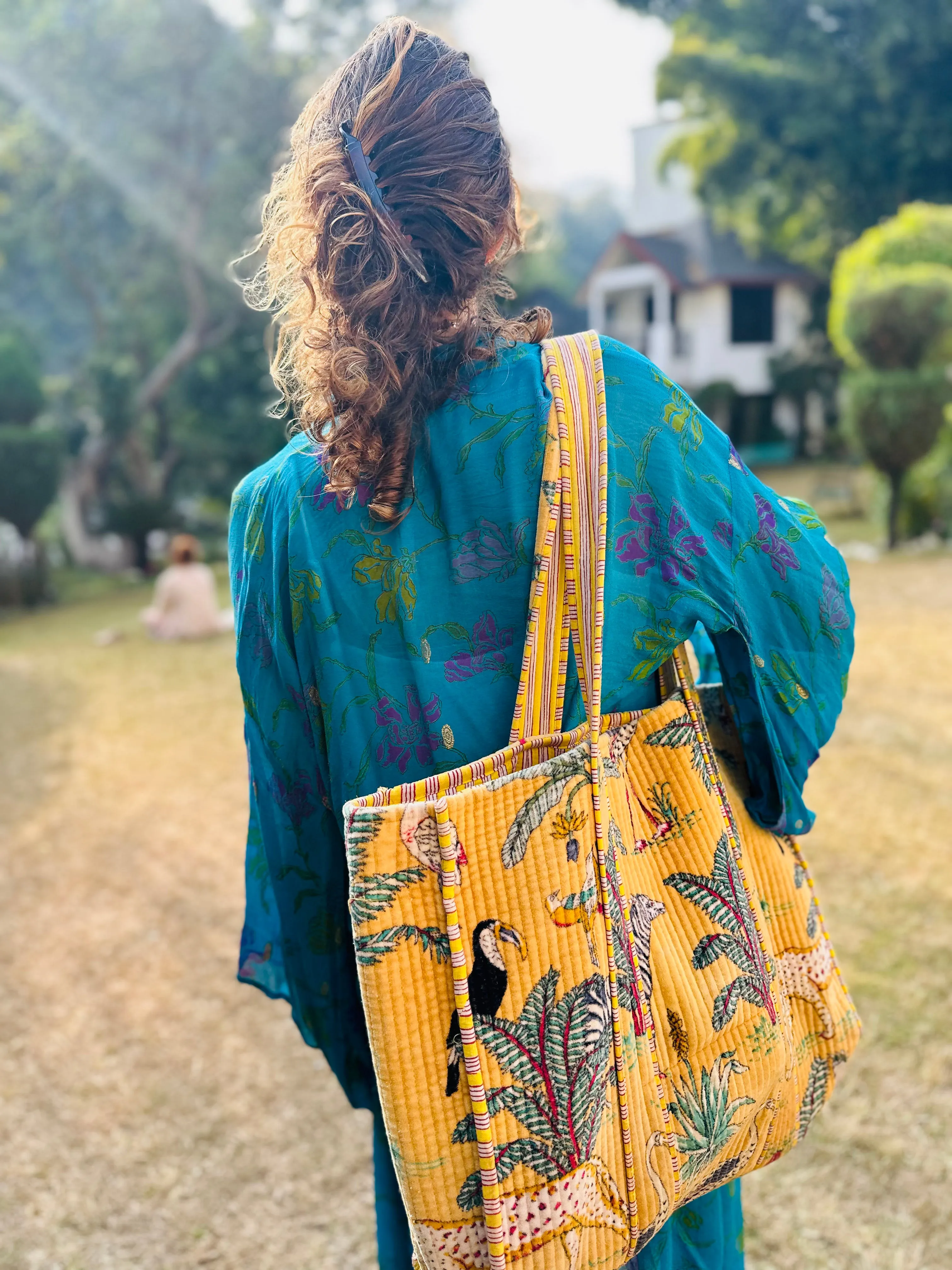 Velvet Tote- Yellow & Blue