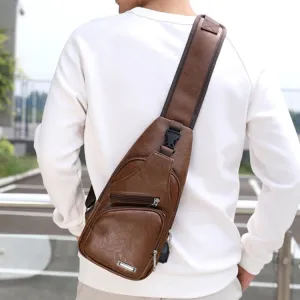 Waterproof Leisure PU Leather Single Shoulder Bag Men Chest Bag with USB Charging Port and Headphone Hole(Light Brown)