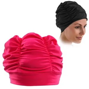 Women Earmuffs Pleated Cloth Swimming Cap(Rose)