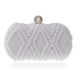 Women Fashion Banquet Party Pearl Handbag Single Shoulder Crossbody Bag (White)