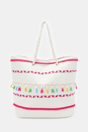 Women White Striped Beach Bag