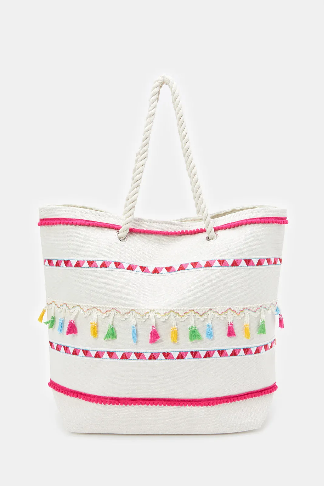 Women White Striped Beach Bag